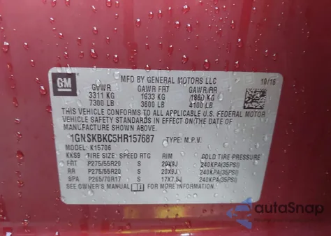 2017 Chevrolet Tahoe Lt из США, поврежденный, VIN 1GNSKBKC5HR157687